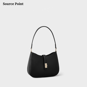 Simple <strong>Black</strong> Genuine Leather <strong>Small</strong> Underarm <strong>Handbag</strong> with Zipper Shackle Elegant Underarm Bags for Women - Product Image 2