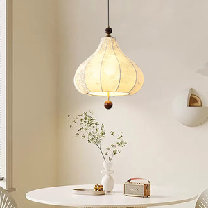 Lustre LED réglable en hauteur pour salle à manger, en tissu à motifs vintage, style Maillard Wabi-sabi, bois massif, chêne français floral - Product Image 4