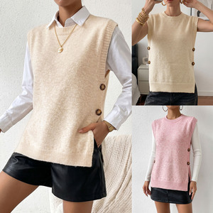 Gilet pull <span class=keywords><strong>sans</strong></span> manches en tricot boutonné pour femme, <span class=keywords><strong>col</strong></span> rond, coupe ample, style décontracté, printemps-automne, vente en gros usine - Product Image 1