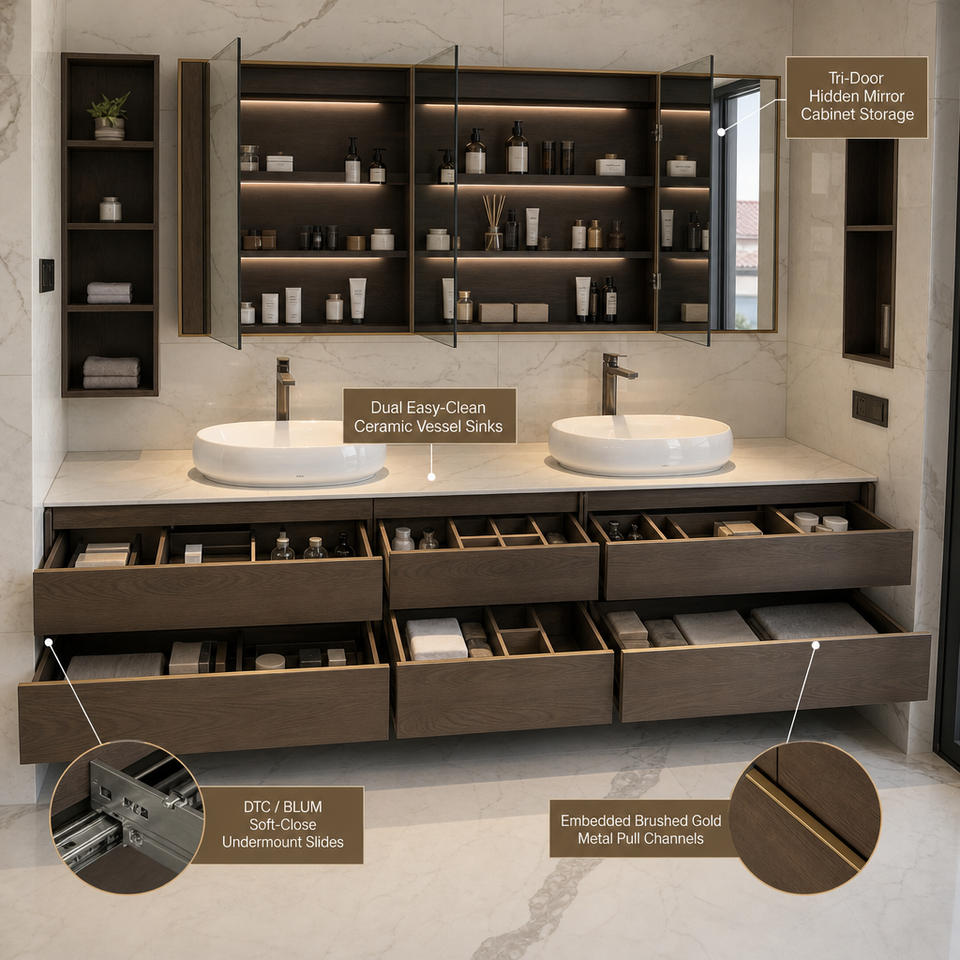 Floating Double Basin Bathroom Vanity Unit, Waterproof Plywood Cabinet ...