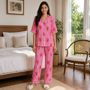 Conjunto de Pijama Floral Rosa 100% Algodón para Mujer al por Mayor con Bolsa de Almacenamiento a Juego |   Suave, Transpirable, Ligero, Lujoso, Informal - Product Image 1