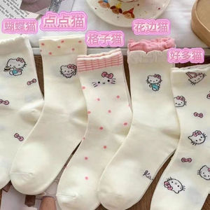 Chaussettes en dentelle pour femmes, mi-mollet, respirantes, blanches, fines, motif animalier mignon, chaussettes KT Cat, style été - Product Image 3