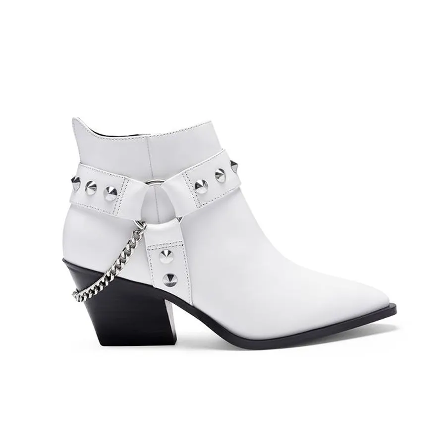 Ladies Custom Winter White Women High Heel Leather Ankle Boots with Chain and Rivet