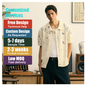 <span class=keywords><strong>Cardigan</strong></span> Ricamato Personalizzato per Uomo, Manica Corta con Bottoni, Ricamo Floreale a Farfalla Color Crema, Maglione Lavorato a Maglia per Uomo - Product Image 1