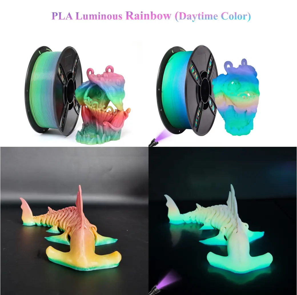ส่องสว่างสายรุ้ง PLA Filament เปลี่ยนสีสายรุ้งหลายสียืดหยุ่น 3D การพิมพ์ 1Kg 1.75 มม.3D เครื่องพิมพ์ PLA Filament"
