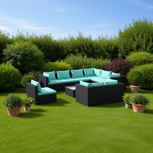 Ensemble de salon de jardin en rotin noir 8 places, mobilier d'extérieur au design contemporain, coussins bleu ciel - Product Image 2