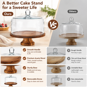 Acacia Wood Footed Round Wooden Bamboo Server Tray <strong>Cake</strong> <strong>Stand</strong> <strong>with</strong> Acrylic <strong>Glass</strong> <strong>Dome</strong> - Product Image 2