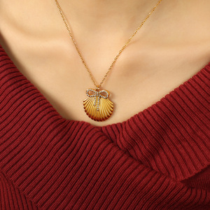 Stainless Steel Shell Bow Rhinestone Earrings And Necklace <b>Set</b> Women's Party Jewelry Fashion Gold Tone <b>Crystal</b> Claw Setting - Product Image 4