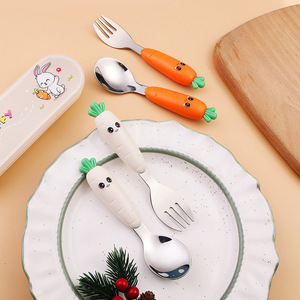304 acier inoxydable bébé complément alimentaire cuillère fourchette ensemble enfants Portable Ins vaisselle haute valeur radis cuillère fourchette couverts ensemble - Product Image 2