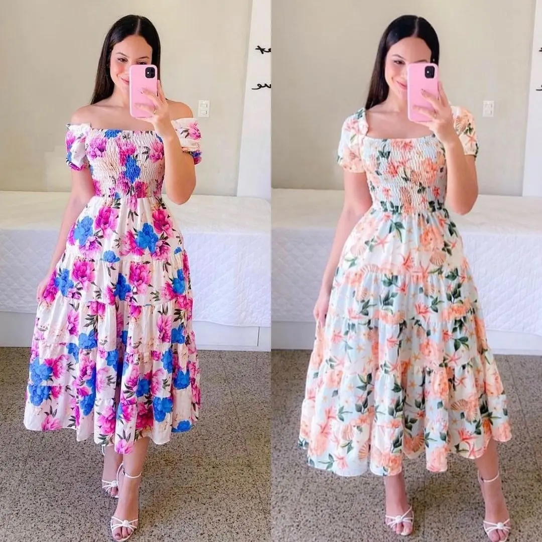 YingTang plus size women's clothing Ladies Long Summer One-shoulder Floral Dress Women Clothing Casual Dresses Women's Dresses