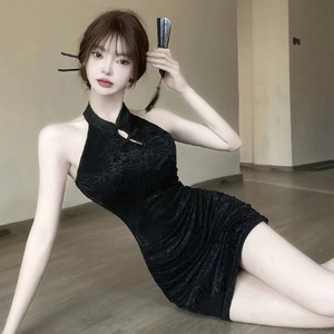 Embroidered Modified Cheongsam Dress High Waisted Slim Fit Party Wear Traditional Chinese Style Apricot Black YX-8172 - Product Image 1