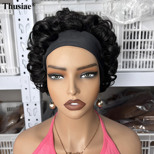 Perruque mi-tête courte bouclée sans colle <span class=keywords><strong>avec</strong></span> <span class=keywords><strong>bandeau</strong></span> transparent, sans dentelle frontale, fabriquée à la machine, en cheveux humains vierges Remy, prête à porter - Product Image 3