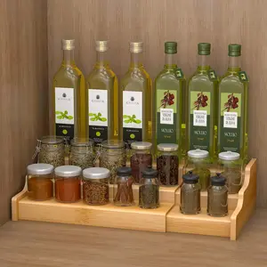 Kitchen Tabletop Bamboo 3-Tier Stair-Shape Expandable Seasoning Rack Holder Wooden Display Rack Spice Jars Rack Organizer