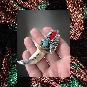 Collier pendentif en corne d'argent tibétain, incrusté de turquoise, chaîne unisexe, bijoux cadeau, vente en gros - Product Image 3