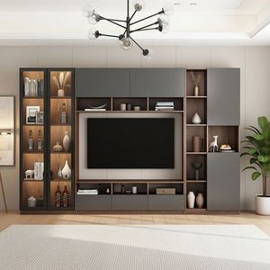 <span class=keywords><strong>Meuble</strong></span> mural <span class=keywords><strong>TV</strong></span> moderne de luxe <span class=keywords><strong>gris</strong></span> et noyer bicolore avec portes vitrées, centre de divertissement intégré avec étagères ouvertes et tiroirs - Product Image 1