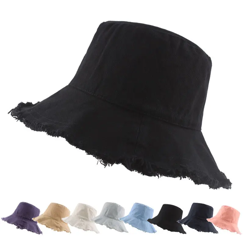 2023 New Summer Custom Casual Shade Fisherman Hat Foldable Washed Raw Edge Cotton Bucket Hat