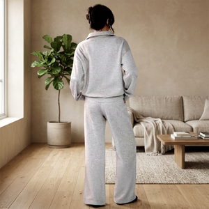 Ensemble 2 pièces en tricot gris pour femme, coupe ample, manches longues, couleur unie, col rabattu, sweat-shirt respirant en polaire - Product Image 4