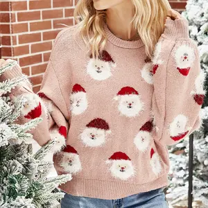 2024 Vintage imprimé Jacquard femmes à manches longues <span class=keywords><strong>pull</strong></span> <span class=keywords><strong>pull</strong></span> en gros vêtements d'hiver avec Logo avant pour noël - Product Image 1