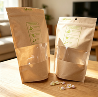 Sachet alimentaire personnalisé en kraft écologique végétalien avec fenêtre transparente, fermeture éclair et trou de suspension