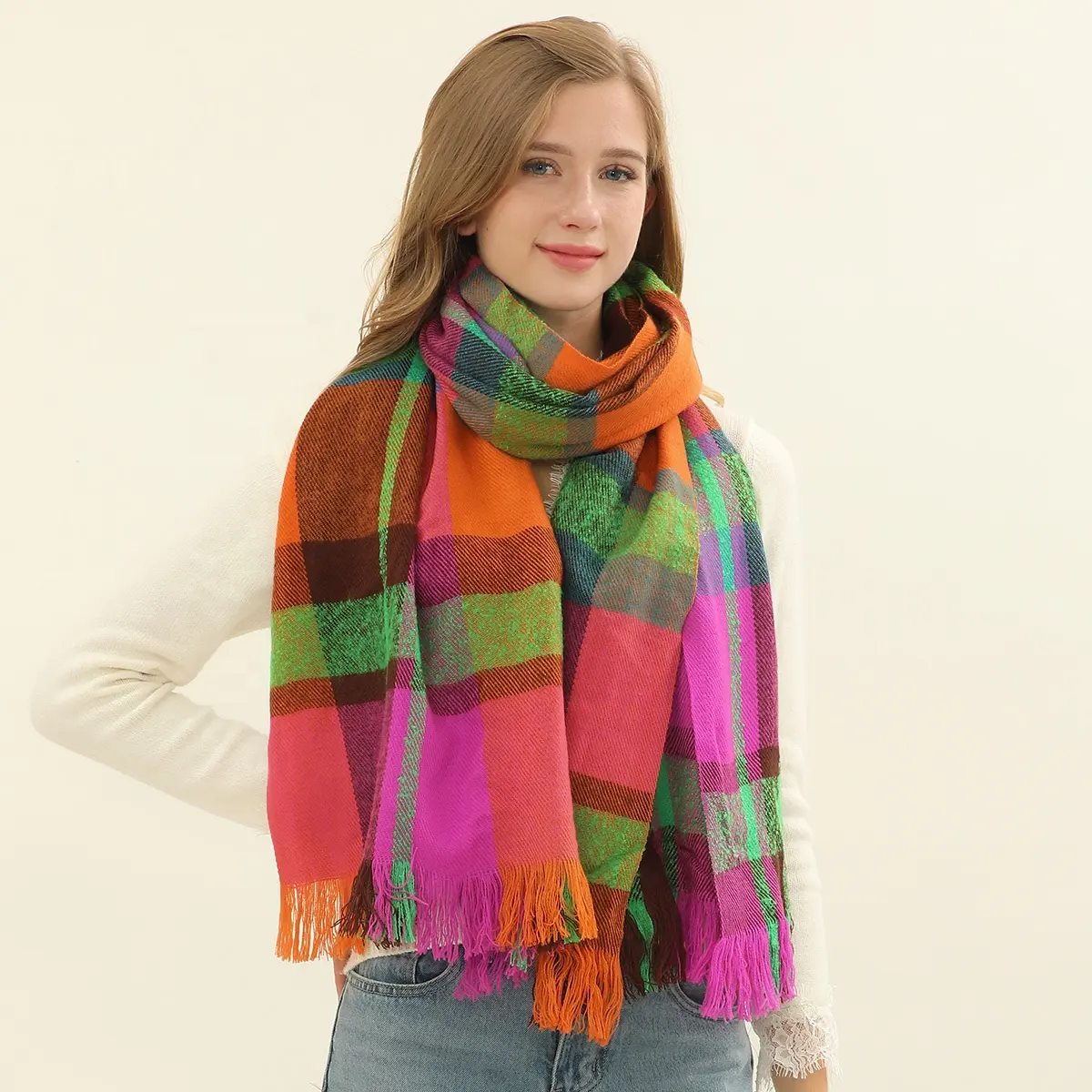 겨울 패션 최신 디자인 레인보우 프린트 격자 무늬 다채로운 담요 스카프