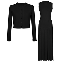 Ensemble élégant tricoté SR2510 de haute qualité : Cardigan élastique et robe sans manches à volants avec décoration de perles