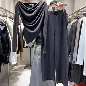 Nouvel ensemble 2 pièces pour femme : T-shirt uni à taille irrégulière et pantalon décontracté ample à taille haute – Tendance - Product Image 2