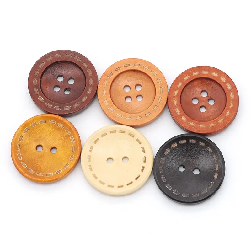 कपड़ों के लिए लेजर डॉटेड लाइन 4-होल लकड़ी के बटन, बच्चों की शर्ट कार्डिगन विंटेज 2-होल प्राकृतिक लकड़ी के बटन