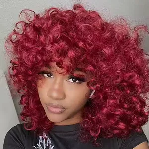 Wholesale 99j Burgundy Red Curly Wigs For Black Women Short Loose Deep Wave Curly 150% Density No Lace Wigs For Black Women