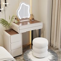 Coiffeuse LED en bois massif couleur crème avec miroir éclairé réglable – Meuble de chambre moderne et minimaliste pour petits espaces