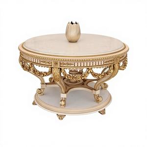 Taburete Redondo de Madera Maciza Hecho a Mano, Mueble Decorativo con Detalles en Oro Antiguo para Sala de Estar - Product Image 1