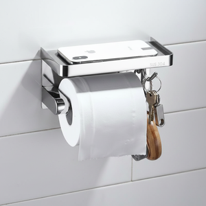 Porte-papier toilette mural en acier inoxydable 304 avec étagère pour téléphone et crochets latéraux, accessoire de salle de bain moderne et minimaliste - Product Image 2