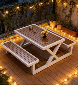 Tavolo Rettangolare in Alluminio con Panche Integrate e Foro per Ombrellone, Arredo per <span class=keywords><strong>Terrazze</strong></span> di Ristoranti all'Aperto, Uso Esterno Resistente - Product Image 3