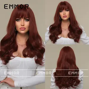 Grosir harga murah Wig sintetis coklat Wig Cosplay lurus panjang dengan Bang untuk wanita tahan panas