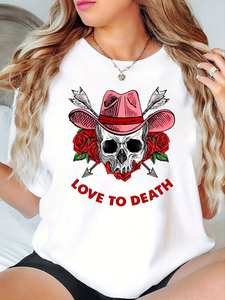 T-shirt stampata Love To Death da donna, casual, a maniche corte, girocollo, vestibilità regolare, 100% cotone, design floreale con teschi - Product Image 3
