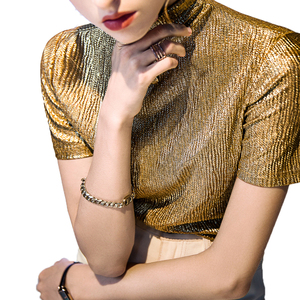 Fashion Style Women Short Sleeve t Shirts Mock Neck Slim <strong>Sequins</strong> Gold <strong>Tops</strong> Summer Clothing Custom <strong>Plus</strong> <strong>Size</strong> Lady Shirt - Product Image 4