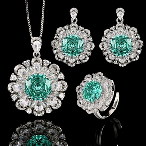 Fashion Eco-friendly Copper Floral Pendant <b>Earring</b> Ring <b>Set</b> 12-10mm Paraiba Green Zircon Bridal Jewelry <b>Set</b> for Wedding - Product Image 3