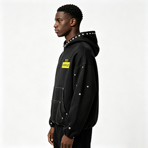 Hoodie streetwear personnalisé en coton épais, coupe courte et carrée, avec doubles poches, effet délavé, orné de strass, de perles et de pierres. - Product Image 3