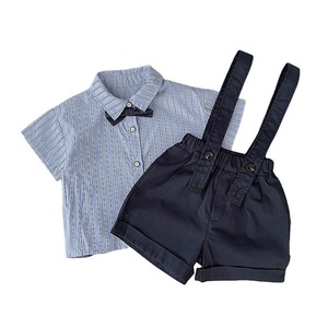 Ensemble d'été pour enfants, garçons et filles, chemise à manches courtes et pantalon à bretelles, deux pièces en coton rayé et à carreaux, pour bébés de 100 jours - Product Image 5