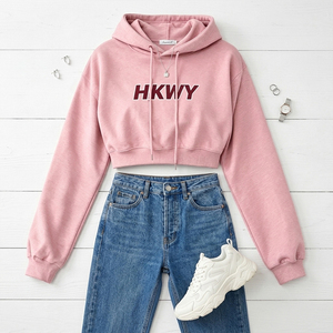 Sweat-shirt à capuche court tendance pour femme 2026, imprimé lettres, en mélange de coton ou 100 % coton biologique, coupe ajustée, décontracté, à manches longues - Product Image 4