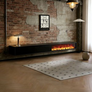 Mobile TV da Parete con Caminetto 3D in Legno Massello, Fiamme Simulate, Inserto Decorativo con Fiamme Finte, Finitura Nera Effetto Legno - Product Image 4