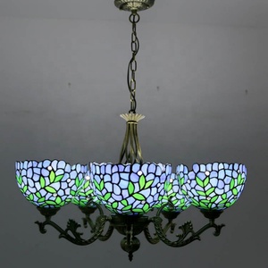 LongHuiJing Vintage Tiffany Style Stained Glass Dome <b>Chandelier</b> 6 <b>Lights</b> Wisteria Stained Glass Carved Pendant Lamp - Product Image 3