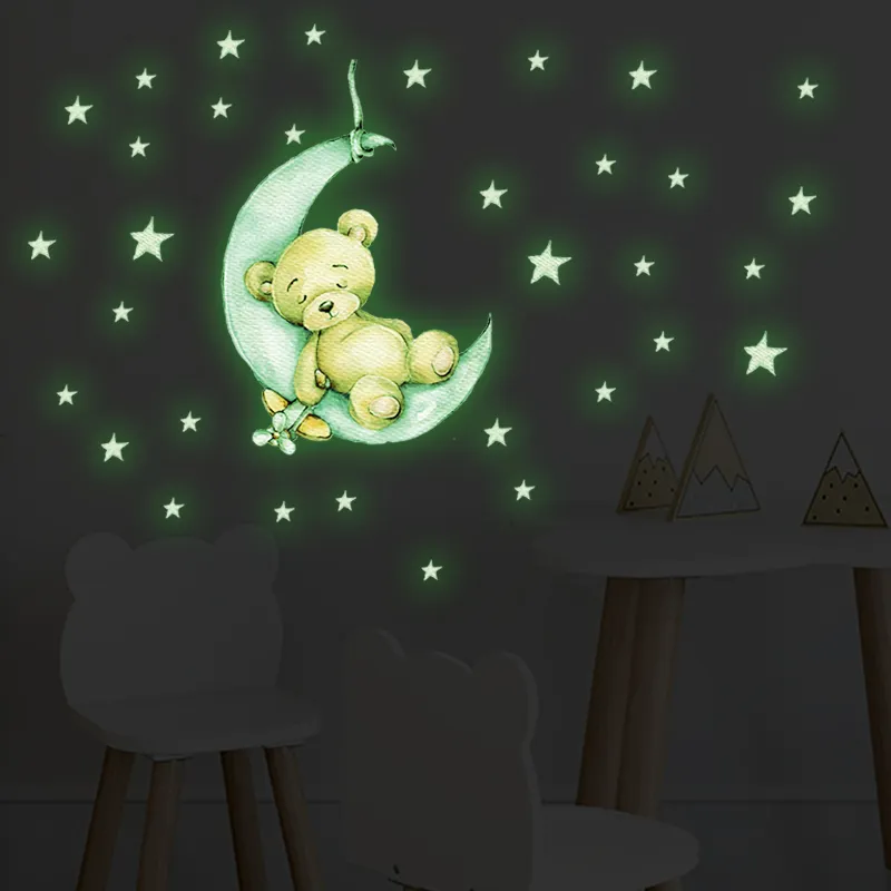 Tiny Cute Luminous Wall Stickers Teddy Bear on the Moon Stars Glow in the Dark Wall Decals for Kids Room Baby Nursery Home Decor