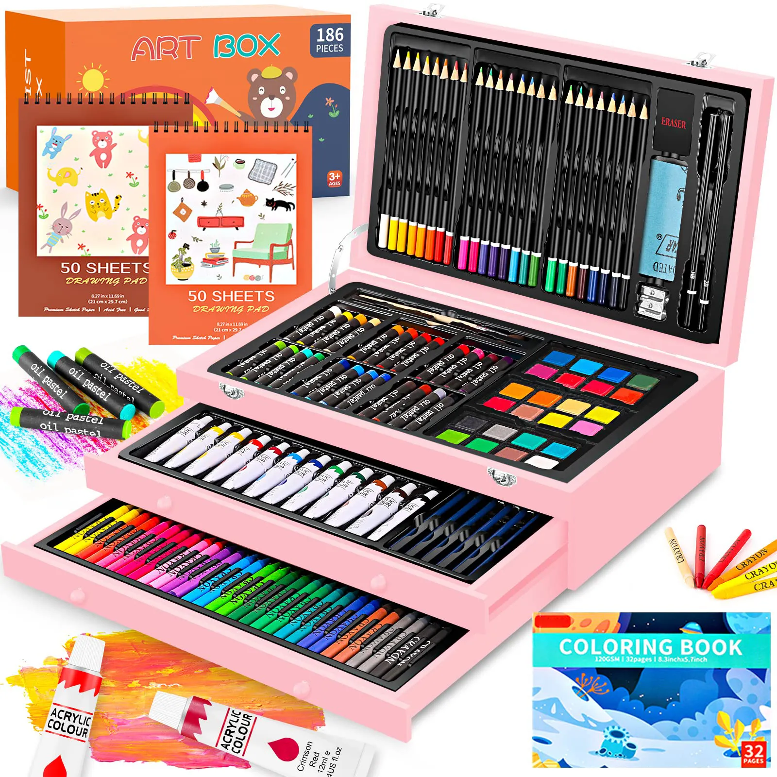 186 pezzi di pittura portatile disegno arte Set Deluxe artigianato di arti forniture di arte Set per bambini