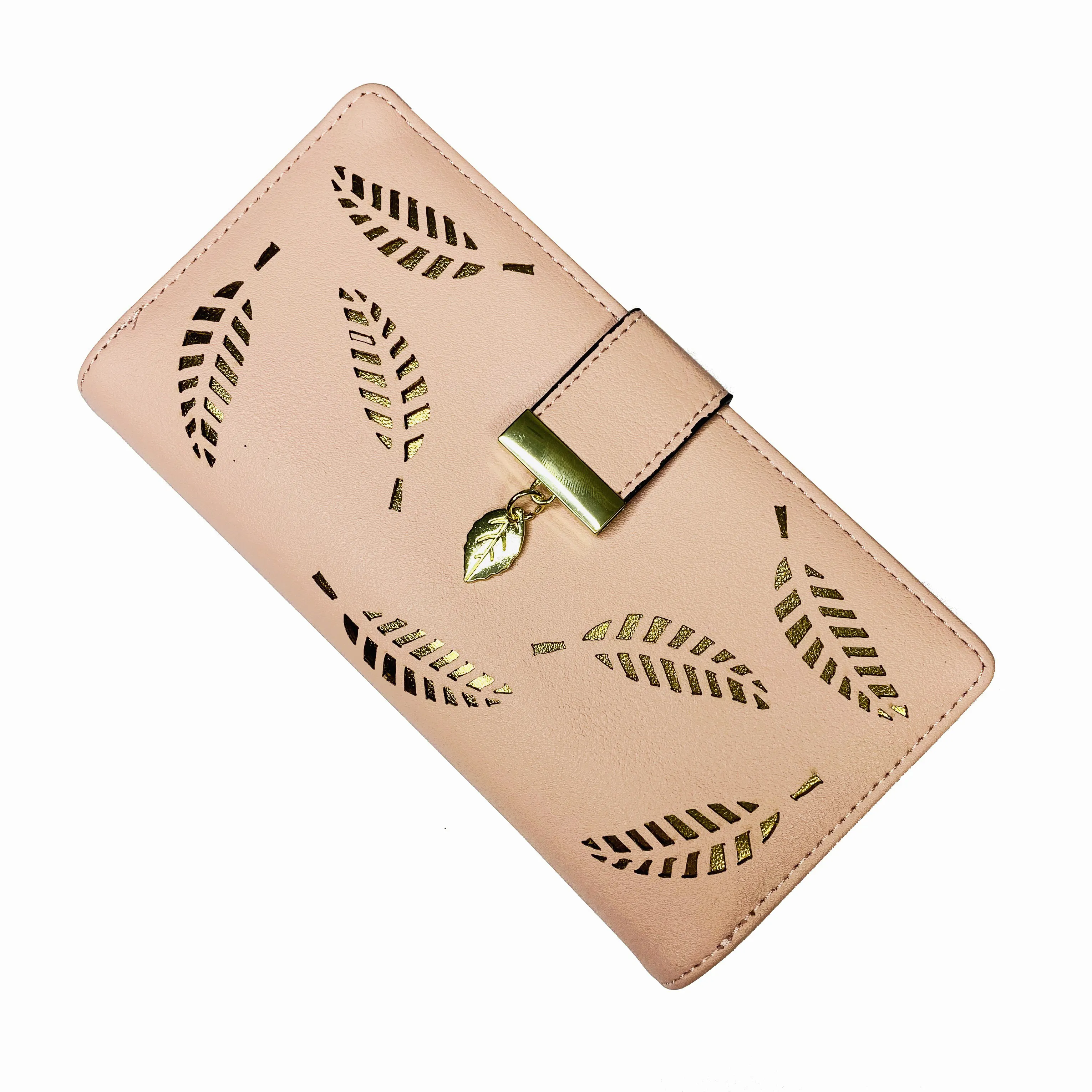 2019 модный дизайнерский женский кожаный кошелек с перфорацией и золотыми листьями