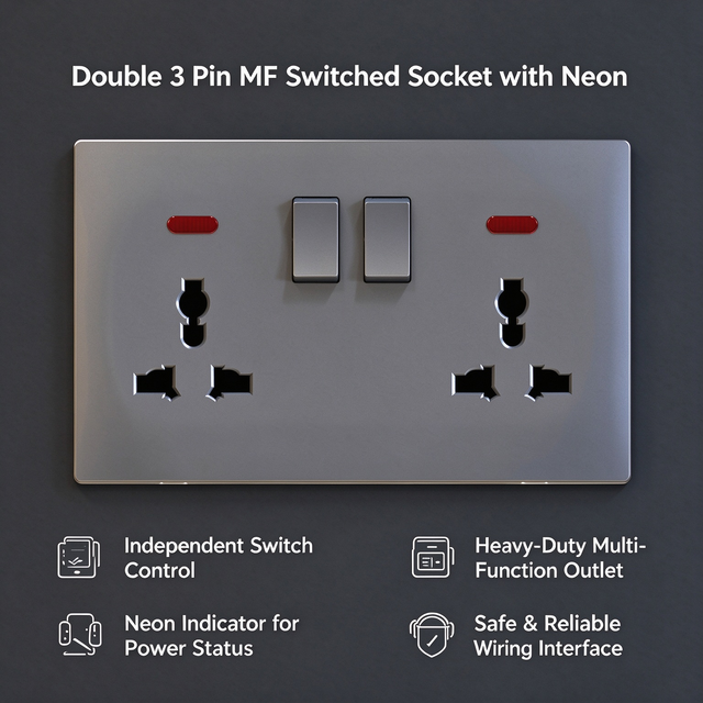 OEM 3 Pin MF Switched Socket with Neon Indicator Double Multi-Function Electrical Wall Mounted Power Outlet Switch Socketed