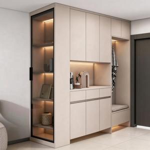 <span class=keywords><strong>Meuble</strong></span> à chaussures d'entrée <span class=keywords><strong>avec</strong></span> éclairage LED <span class=keywords><strong>et</strong></span> banc, portes en verre, style moderne, couleur crème, sur mesure - Product Image 2