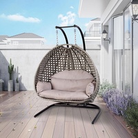 suspendu en métal osier gris moderne 2 pièces en rotin pour l'extérieur du jardin Fauteuil œuf à double balançoire avec support