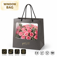 Sacs en papier pour fleurs avec fenêtre transparente, logo personnalisé KM, gris foncé, poignée en corde noire, dorure à chaud, pour fleuristes et mariages