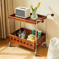 Table basse à deux niveaux avec roulettes coulissantes, plateau en bois de caoutchouc, cadre en acier inoxydable, chariot de rangement mobile, style vintage antique