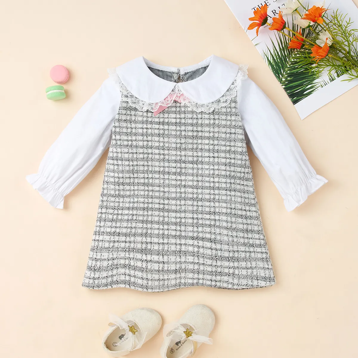 Trendy newborn long sleeve spring lace peter pan collar patchwork new born baby girl dresses